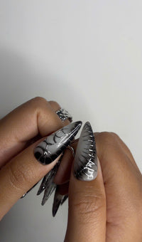 Long Black Stiletto Press On Nails | 3D Chrome Gothic Nail Set | Holographic Abstract Fake Nails
