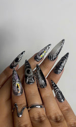 Long Black Stiletto Press On Nails | 3D Chrome Gothic Nail Set | Holographic Abstract Fake Nails