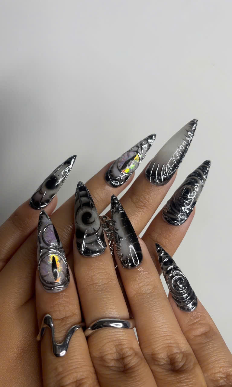 Long Black Stiletto Press On Nails | 3D Chrome Gothic Nail Set | Holographic Abstract Fake Nails