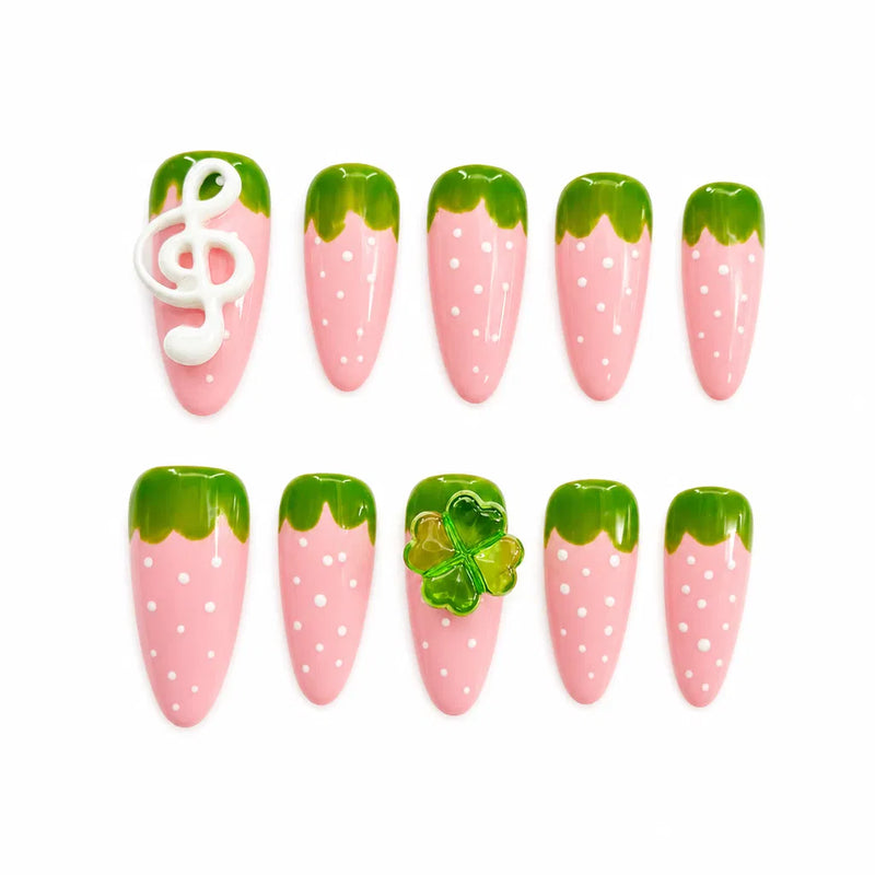Strawberry Bliss Press-On Nails ¨C Pink & Green Cute Almond Set Chic Strawberry Stiletto Nails with 3D Musical & Clover Accent Pastel Pink & Green Strawberry-Inspired Reusable Press-On Nails/003