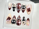 Cute Chocolate & Kitty Press On Nails | Adorable 3D Chocolate Cat Fake Nails | Sweet and Stylish Looks Nail Art | Cute Nails | HC673Y