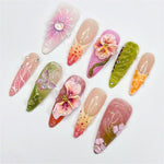 Luxury Floral 3D Press On Nails | Nature-Inspired Nail Art | Summer Bloom Fake Nails | Floral & Garden Inspired Nails | LB1000Y