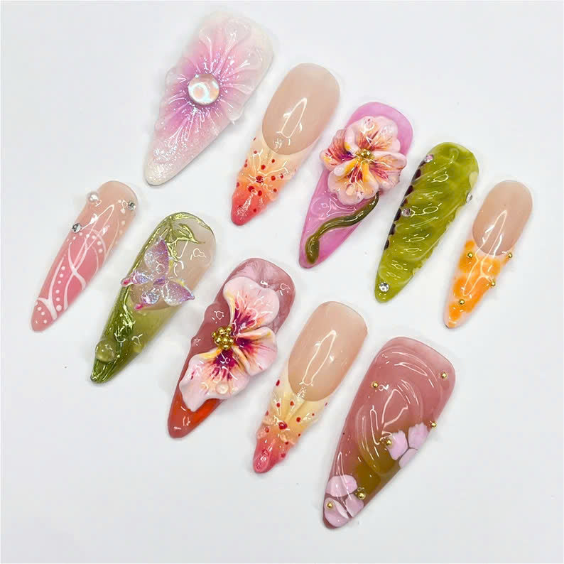 Luxury Floral 3D Press On Nails | Nature-Inspired Nail Art | Summer Bloom Fake Nails | Floral & Garden Inspired Nails | LB1000Y