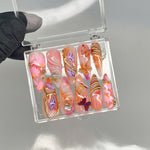 Luxury Summer Press On Nails | Whimsical Butterfly Nail Art | Vibrant Summer Fake Nails | Glossy Orange & Pink Nails | LB1002Y