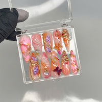 Luxury Summer Press On Nails | Whimsical Butterfly Nail Art | Vibrant Summer Fake Nails | Glossy Orange & Pink Nails | LB1002Y