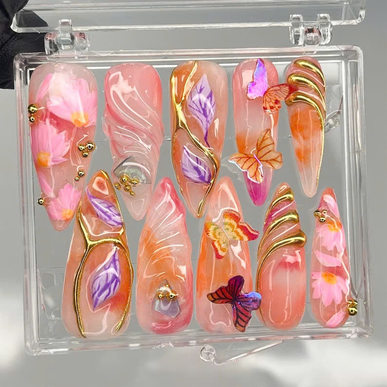 Luxury Summer Press On Nails | Whimsical Butterfly Nail Art | Vibrant Summer Fake Nails | Glossy Orange & Pink Nails | LB1002Y