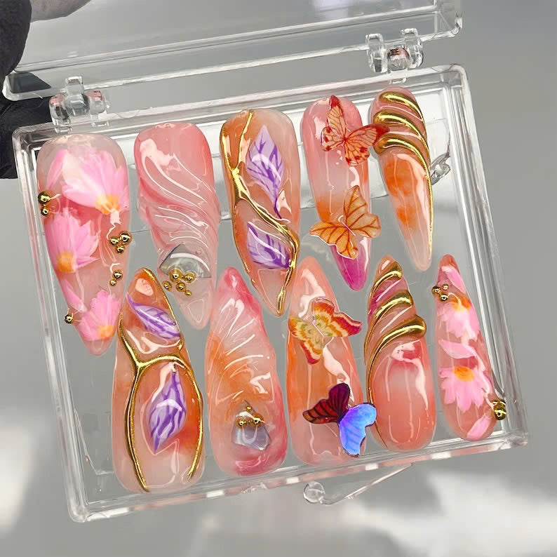 Luxury Summer Press On Nails | Whimsical Butterfly Nail Art | Vibrant Summer Fake Nails | Glossy Orange & Pink Nails | LB1002Y