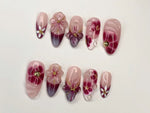 Elegant Floral Press-On Nails | Handcrafted Pink - Burgundy Gradient |3D Flowers - Rhinestone Accents| Perfect for Special Occasions|JC349SL