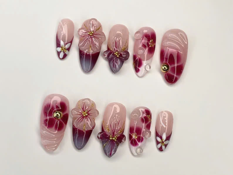 Elegant Floral Press-On Nails | Handcrafted Pink - Burgundy Gradient |3D Flowers - Rhinestone Accents| Perfect for Special Occasions|JC349SL