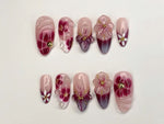Elegant Floral Press-On Nails | Handcrafted Pink - Burgundy Gradient |3D Flowers - Rhinestone Accents| Perfect for Special Occasions|JC349SL