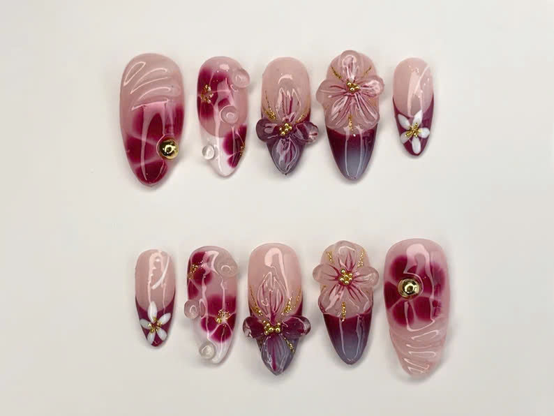 Elegant Floral Press-On Nails | Handcrafted Pink - Burgundy Gradient |3D Flowers - Rhinestone Accents| Perfect for Special Occasions|JC349SL