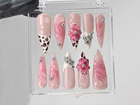 Leopard French tips Press On Nails | 3D Flowers with Rhinestones Acrylic Nails | Stunning Floral Nails Press On | Pink Press Ons | HC544TL