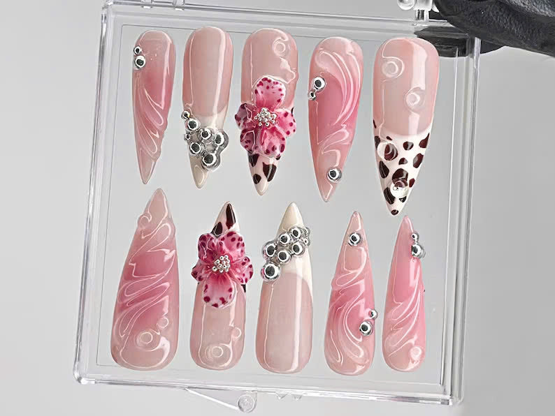 Leopard French tips Press On Nails | 3D Flowers with Rhinestones Acrylic Nails | Stunning Floral Nails Press On | Pink Press Ons | HC544TL