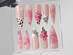 Leopard French tips Press On Nails | 3D Flowers with Rhinestones Acrylic Nails | Stunning Floral Nails Press On | Pink Press Ons | HC544TL