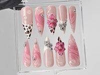 Leopard French tips Press On Nails | 3D Flowers with Rhinestones Acrylic Nails | Stunning Floral Nails Press On | Pink Press Ons | HC544TL