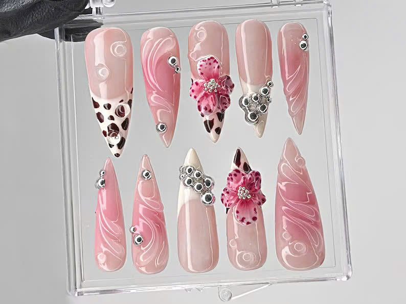 Leopard French tips Press On Nails | 3D Flowers with Rhinestones Acrylic Nails | Stunning Floral Nails Press On | Pink Press Ons | HC544TL